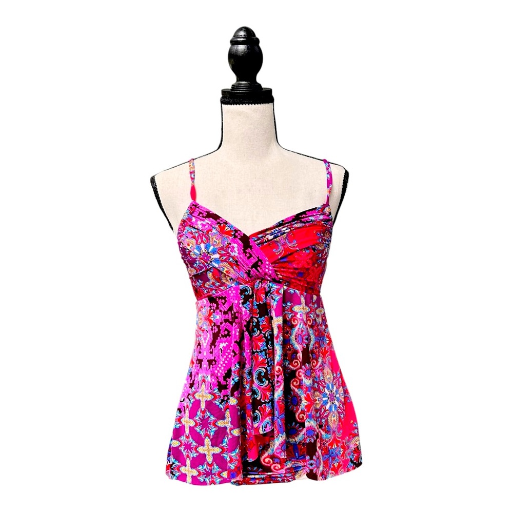 Garnet Hill One-Piece Swim Dress Size 4 Boho Paisley Tankini Overlay